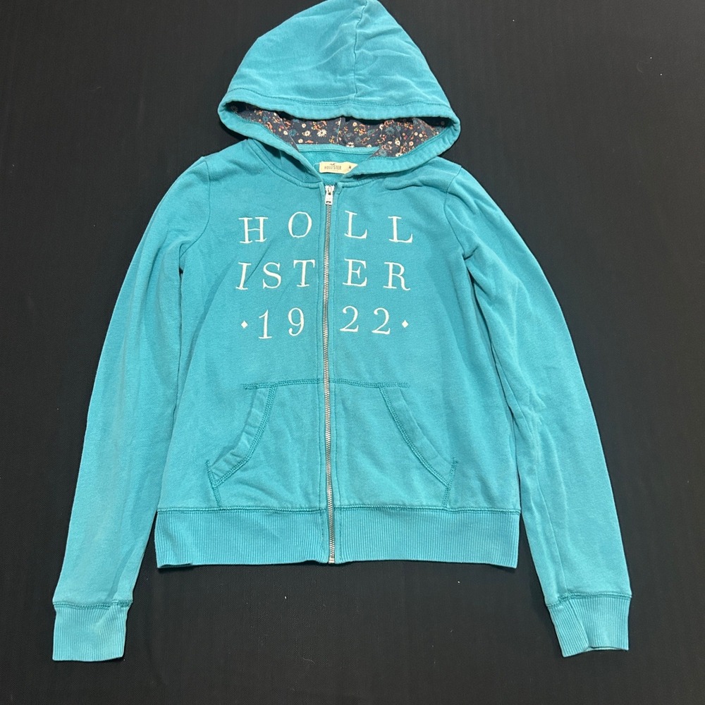 Hollister Womens Full Zip Hoodie Turquoise Blue Floral Lined Hood Logo Med Y2K